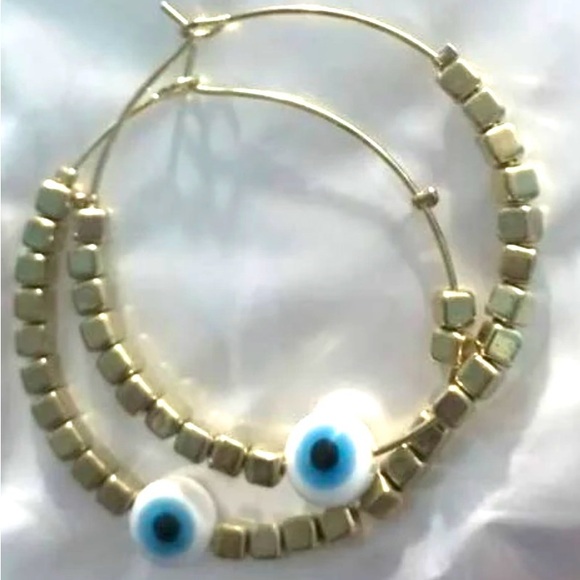 “Sky Blue Evil Eye” Devil’s Eye Nazar Protection Talisman Cube Square Bead Hoops - Picture 6 of 8